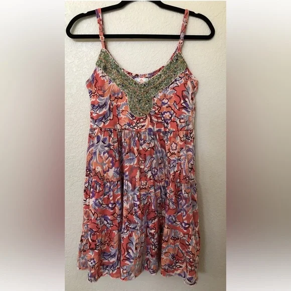 New Free People Beaded Spaghetti Strap Floral Mini Dress 100% Cotton Size S